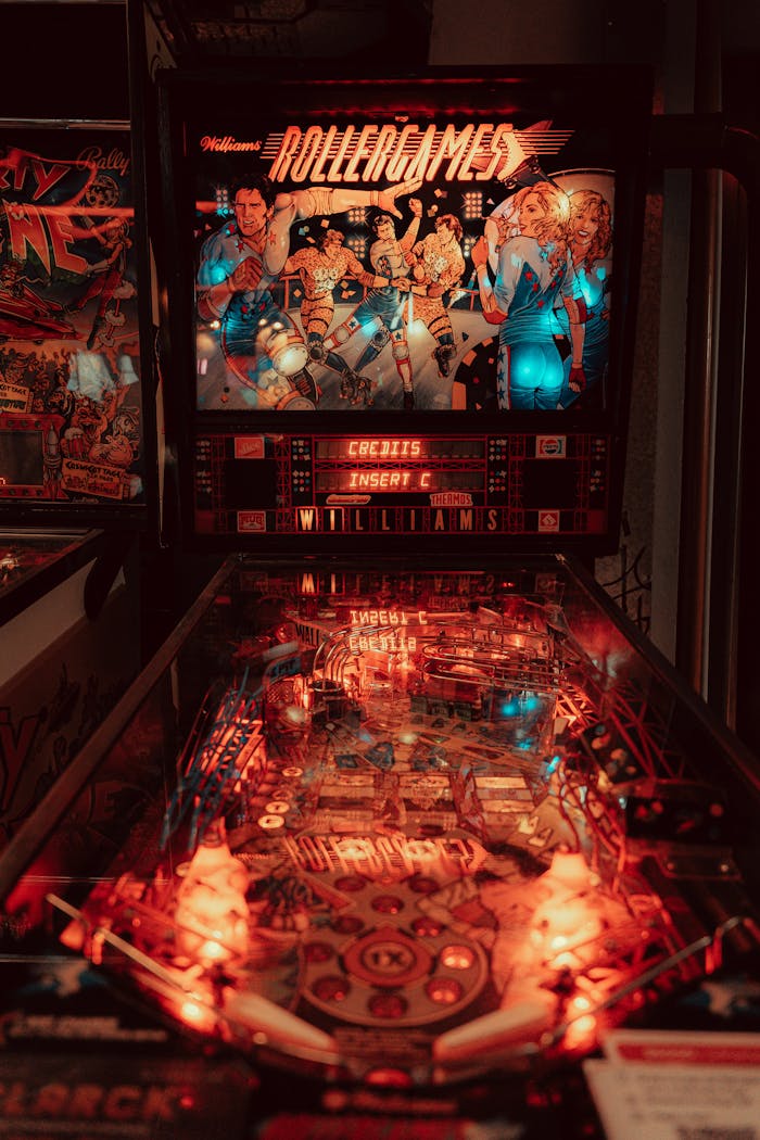 Retro-style Rollergames pinball machine in an arcade, illuminated with vibrant lights.